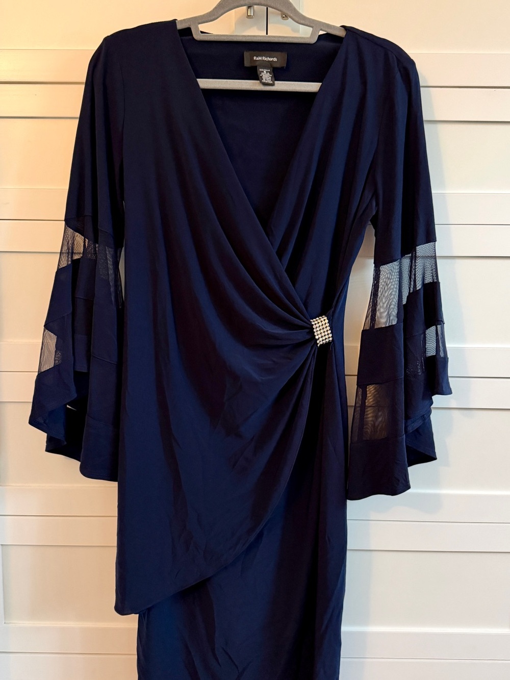 R&M Richards Navy Wrap Midi Dress with Mesh Tiered Bell Sleeves